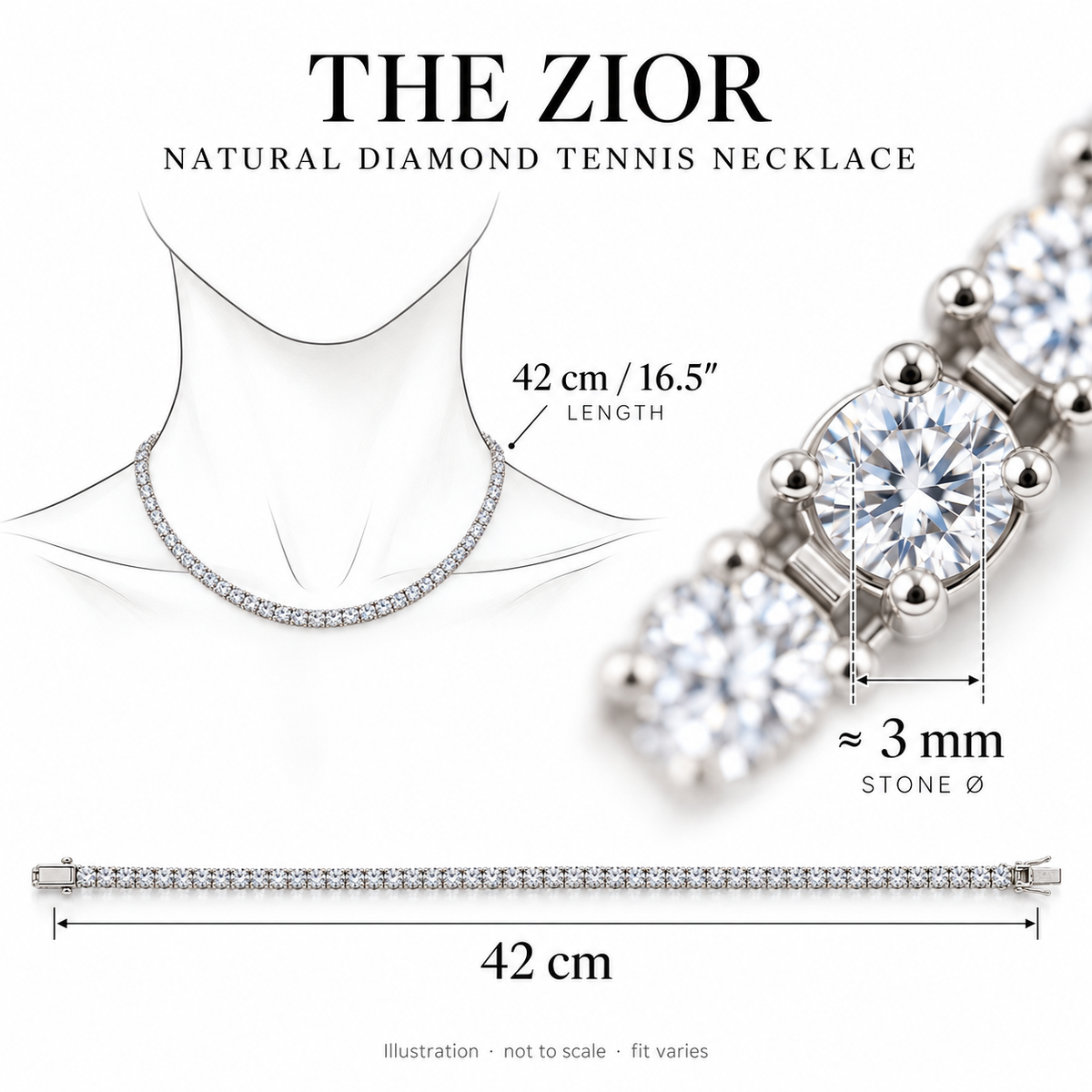 Natural Diamond Tennis Necklace — 3 mm